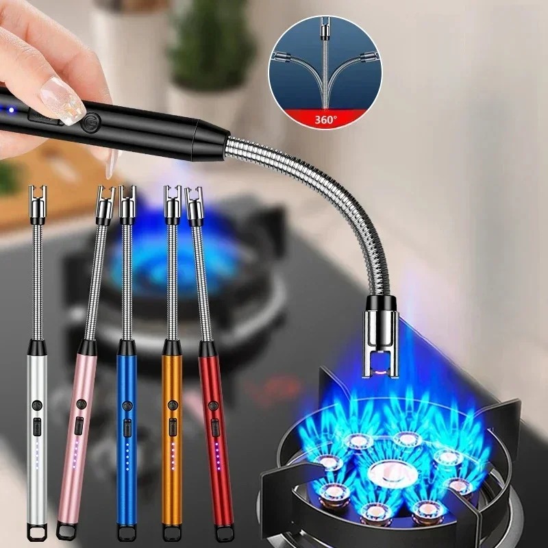 Arc Lighter USB Windproof Flameless 360° Electric Arc BBQ Lighter Plasma Ignition Long Kitchen Lighters Gas Lighter for Candle Gas Stove